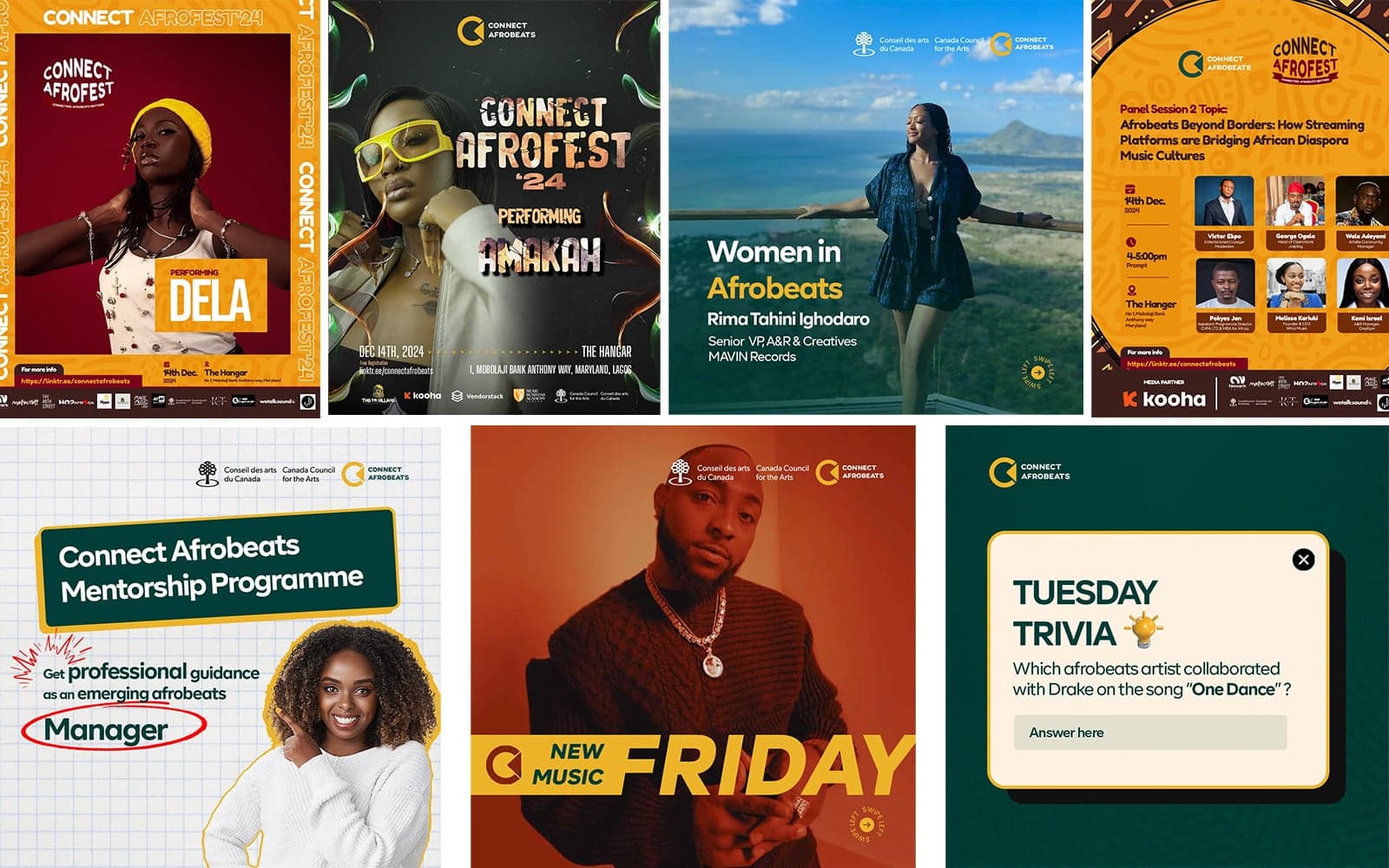 A grid of seven ConnectAfrobeats designs: Connect Afrofest '24 performer posters for Dela and Amakah, a festival panel session line-up, a Women in Afrobeats feature, a Mentorship Programme call for emerging managers, a New Music Friday post and a Tuesday Trivia card.